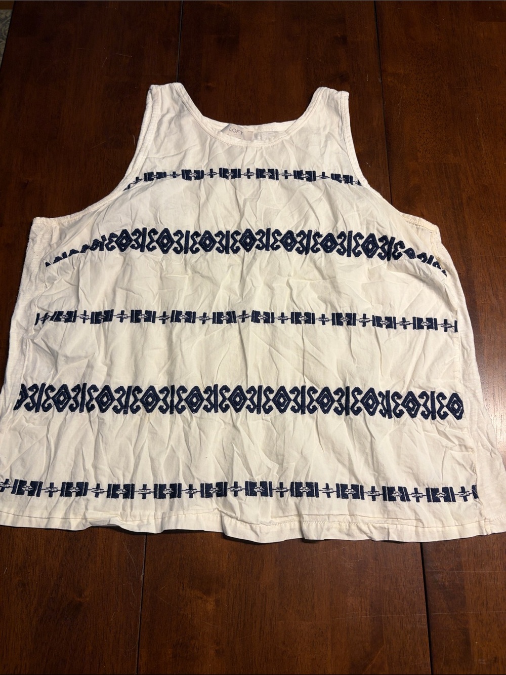 LOFT White Tank with Navy Geometric Embroidery